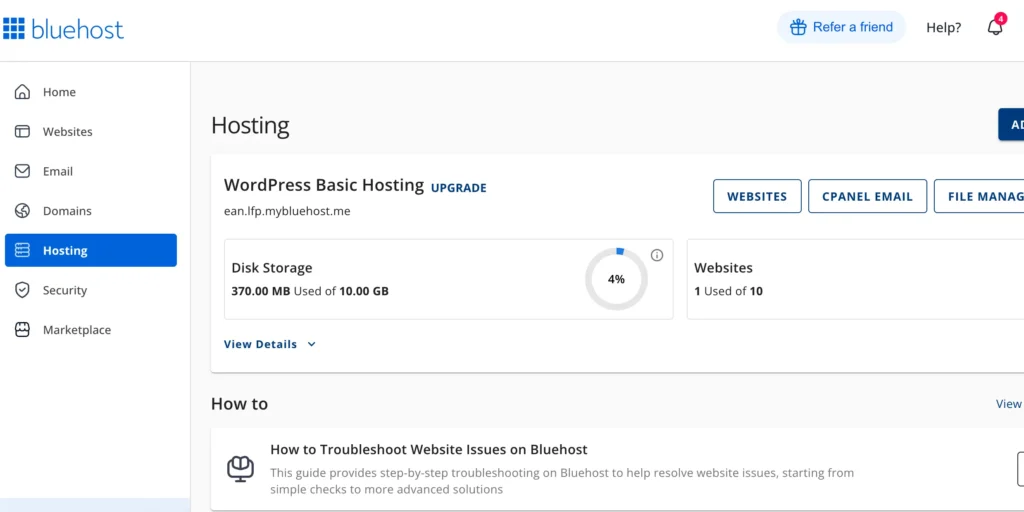 ovládací panel Bluehost