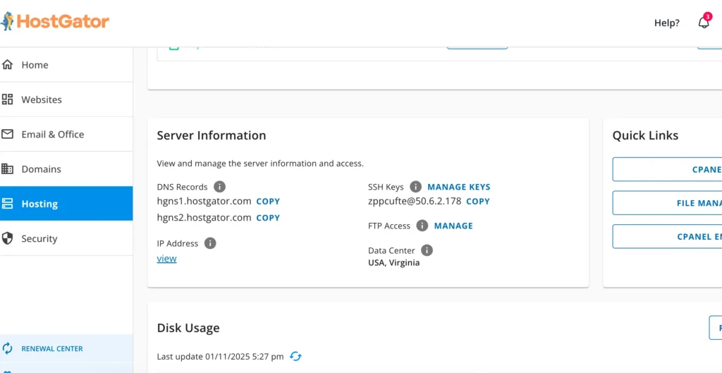 ovládací panel Hostgator