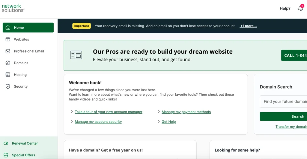 ovládací panel Network Solutions