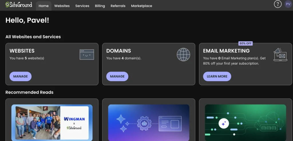 ovládací panel SiteGround